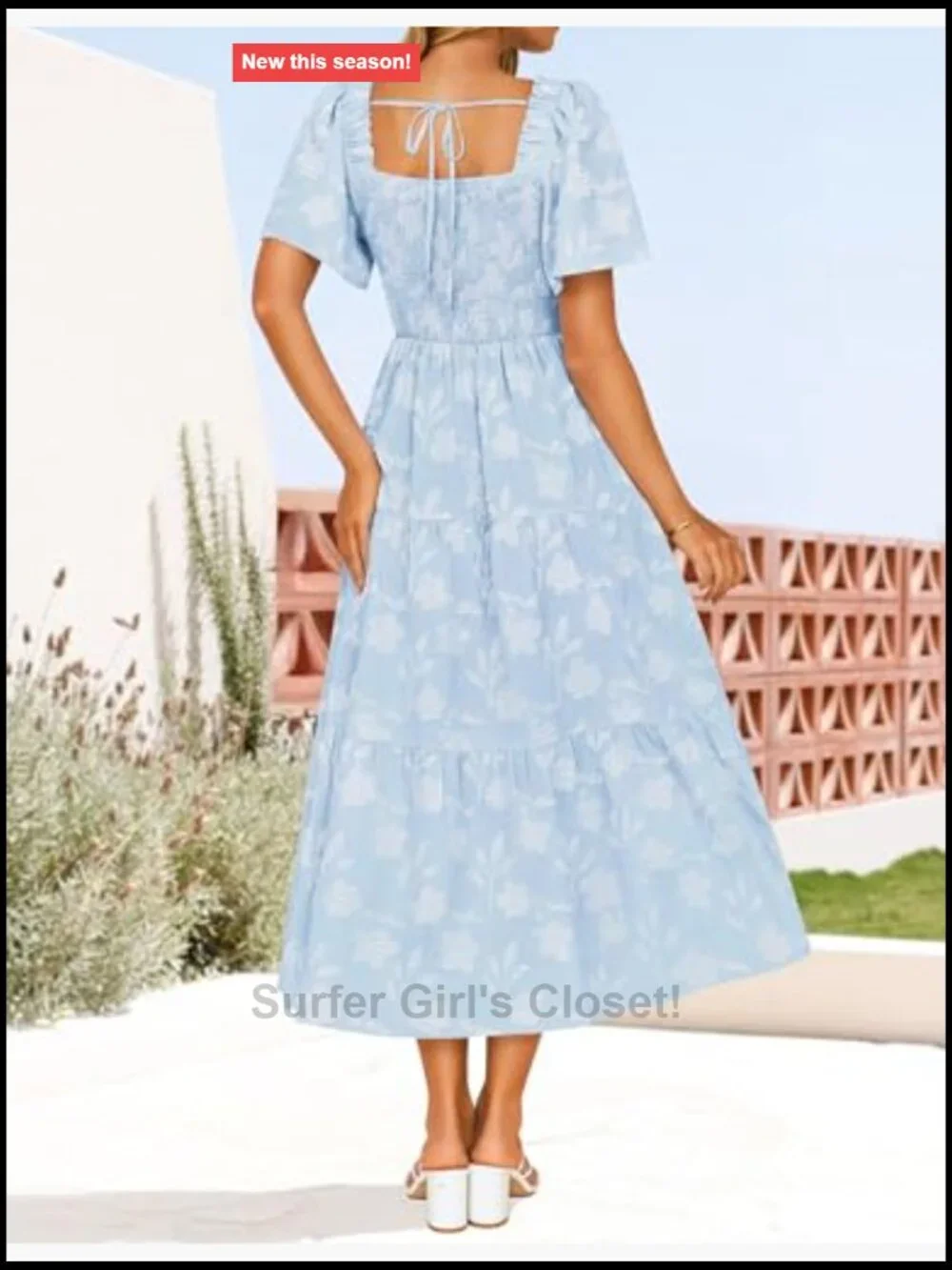 Boho Floral Midi Dress Square Neck Short Sleeve Flowy Wedding Guest Dress